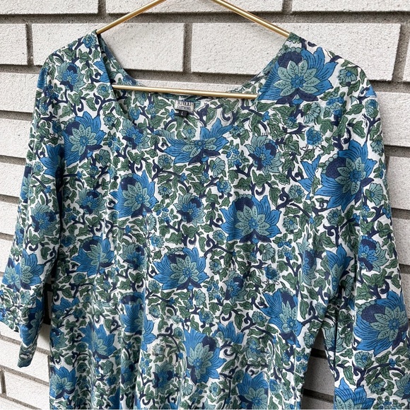 Rivaaj Blue Green Block Print Jacobean Floral Cotton Boho Cottagecore Midi Dress - Picture 2 of 8
